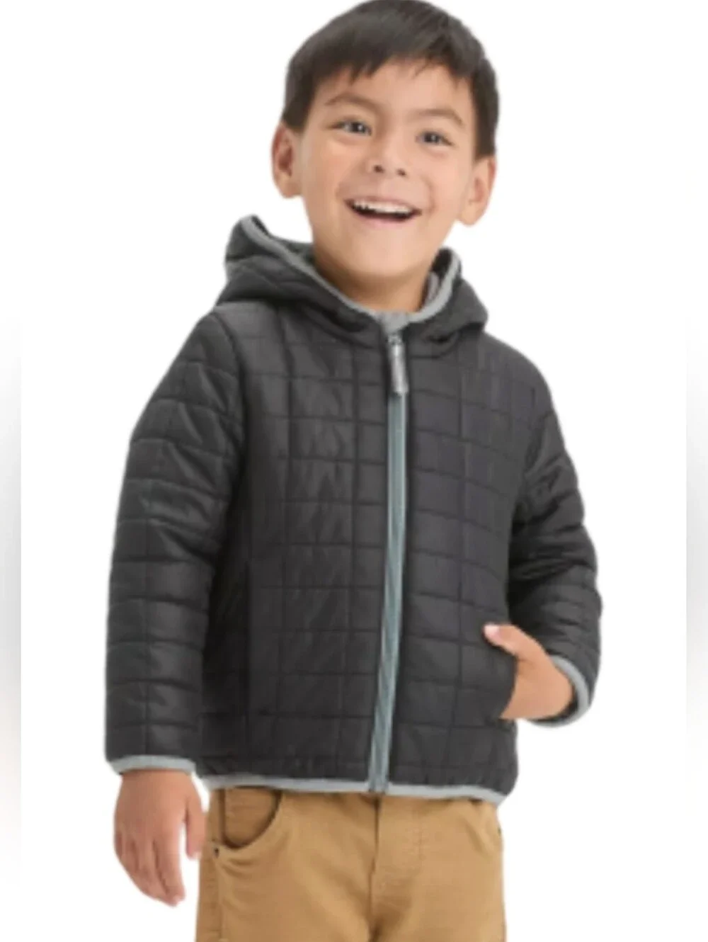 Cat & Jack Boys  Black Quilted Hooded Puffer with Gray Trim Size Small
